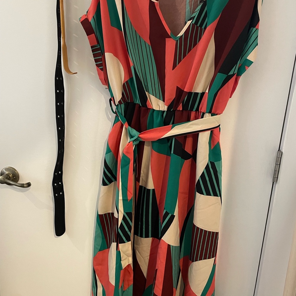 SHEIN Pink and Green Midi Dress with V-Neck